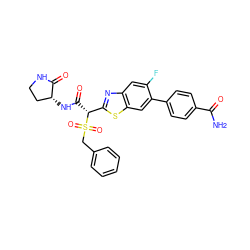 NC(=O)c1ccc(-c2cc3sc([C@@H](C(=O)N[C@@H]4CCNC4=O)S(=O)(=O)Cc4ccccc4)nc3cc2F)cc1 ZINC000143918039