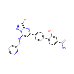 NC(=O)c1ccc(-c2ccc(-c3cc(NCc4cccnc4)n4ncc(Br)c4n3)cc2)c(O)c1 ZINC001772653291