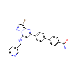 NC(=O)c1ccc(-c2ccc(-c3cc(NCc4cccnc4)n4ncc(Br)c4n3)cc2)cc1 ZINC000584904902