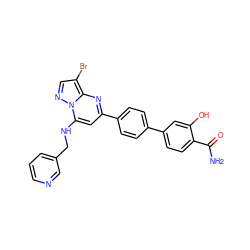 NC(=O)c1ccc(-c2ccc(-c3cc(NCc4cccnc4)n4ncc(Br)c4n3)cc2)cc1O ZINC001772584367