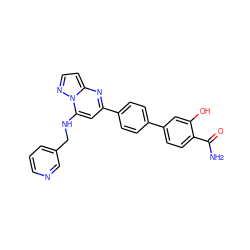 NC(=O)c1ccc(-c2ccc(-c3cc(NCc4cccnc4)n4nccc4n3)cc2)cc1O ZINC001772594377