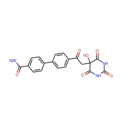 NC(=O)c1ccc(-c2ccc(C(=O)CC3(O)C(=O)NC(=O)NC3=O)cc2)cc1 ZINC000095578902