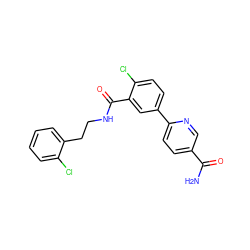 NC(=O)c1ccc(-c2ccc(Cl)c(C(=O)NCCc3ccccc3Cl)c2)nc1 ZINC000072179336