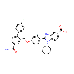 NC(=O)c1ccc(-c2ccc(Cl)cc2)c(COc2ccc(-c3nc4cc(C(=O)O)ccc4n3C3CCCCC3)c(F)c2)c1 ZINC000098082415