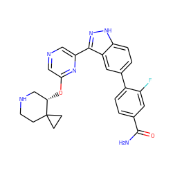 NC(=O)c1ccc(-c2ccc3[nH]nc(-c4cncc(O[C@H]5CNCCC56CC6)n4)c3c2)c(F)c1 ZINC000299867218