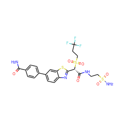 NC(=O)c1ccc(-c2ccc3nc([C@@H](C(=O)NCCS(N)(=O)=O)S(=O)(=O)CCC(F)(F)F)sc3c2)cc1 ZINC000145496407