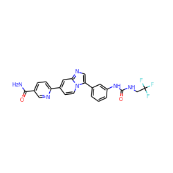 NC(=O)c1ccc(-c2ccn3c(-c4cccc(NC(=O)NCC(F)(F)F)c4)cnc3c2)nc1 ZINC000169704673