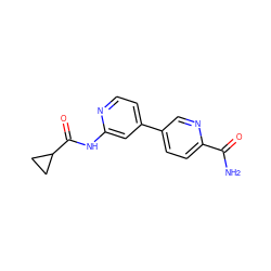 NC(=O)c1ccc(-c2ccnc(NC(=O)C3CC3)c2)cn1 ZINC000299866080