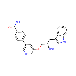 NC(=O)c1ccc(-c2cncc(OC[C@@H](N)Cc3c[nH]c4ccccc34)c2)cc1 ZINC000014957472