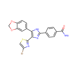 NC(=O)c1ccc(-c2nc(-c3nc(Br)cs3)c(-c3ccc4c(c3)OCO4)[nH]2)cc1 ZINC000073297009