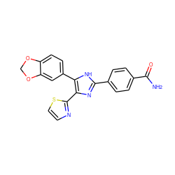 NC(=O)c1ccc(-c2nc(-c3nccs3)c(-c3ccc4c(c3)OCO4)[nH]2)cc1 ZINC000073294174