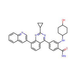 NC(=O)c1ccc(-c2nc(C3CC3)nc3c(-c4cnc5ccccc5c4)cccc23)cc1NC1CCC(O)CC1 ZINC000145540850