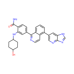 NC(=O)c1ccc(-c2nccc3c(-c4cnc5nc[nH]c5c4)cccc23)cc1NC1CCC(O)CC1 ZINC000146483445