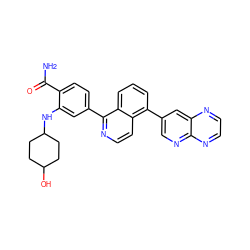 NC(=O)c1ccc(-c2nccc3c(-c4cnc5nccnc5c4)cccc23)cc1NC1CCC(O)CC1 ZINC000145503878