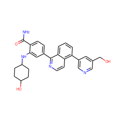 NC(=O)c1ccc(-c2nccc3c(-c4cncc(CO)c4)cccc23)cc1NC1CCC(O)CC1 ZINC000145536417