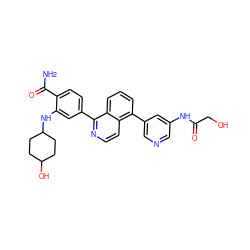 NC(=O)c1ccc(-c2nccc3c(-c4cncc(NC(=O)CO)c4)cccc23)cc1NC1CCC(O)CC1 ZINC000169710343