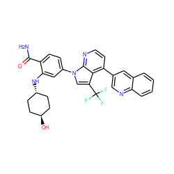 NC(=O)c1ccc(-n2cc(C(F)(F)F)c3c(-c4cnc5ccccc5c4)ccnc32)cc1N[C@H]1CC[C@H](O)CC1 ZINC000261070968