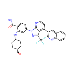 NC(=O)c1ccc(-n2nc(C(F)(F)F)c3c(-c4cnc5ccccc5c4)ccnc32)cc1N[C@H]1CC[C@H](O)CC1 ZINC000261155361