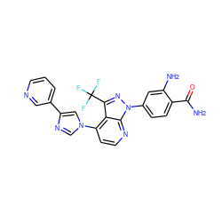 NC(=O)c1ccc(-n2nc(C(F)(F)F)c3c(-n4cnc(-c5cccnc5)c4)ccnc32)cc1N ZINC000169703579