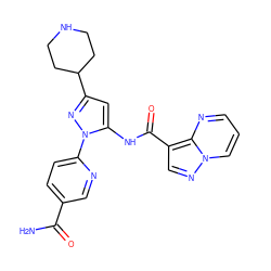 NC(=O)c1ccc(-n2nc(C3CCNCC3)cc2NC(=O)c2cnn3cccnc23)nc1 ZINC000204780361