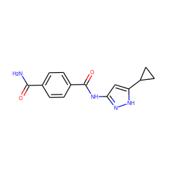 NC(=O)c1ccc(C(=O)Nc2cc(C3CC3)[nH]n2)cc1 ZINC000013580440