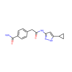 NC(=O)c1ccc(CC(=O)Nc2cc(C3CC3)[nH]n2)cc1 ZINC000013580480