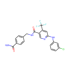 NC(=O)c1ccc(CNC(=O)c2cnc(Nc3cccc(Cl)c3)cc2C(F)(F)F)cc1 ZINC000040873136