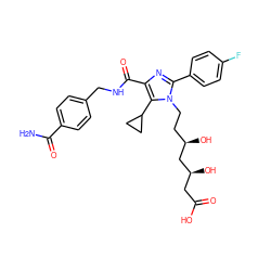 NC(=O)c1ccc(CNC(=O)c2nc(-c3ccc(F)cc3)n(CC[C@@H](O)C[C@@H](O)CC(=O)O)c2C2CC2)cc1 ZINC000071295204