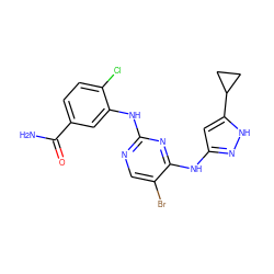 NC(=O)c1ccc(Cl)c(Nc2ncc(Br)c(Nc3cc(C4CC4)[nH]n3)n2)c1 ZINC000138089042