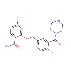 NC(=O)c1ccc(F)cc1OCc1ccc(F)c(C(=O)N2CCNCC2)c1 ZINC000040891850