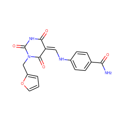 NC(=O)c1ccc(N/C=C2/C(=O)NC(=O)N(Cc3ccco3)C2=O)cc1 ZINC000009265686