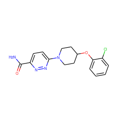 NC(=O)c1ccc(N2CCC(Oc3ccccc3Cl)CC2)nn1 ZINC000028655362