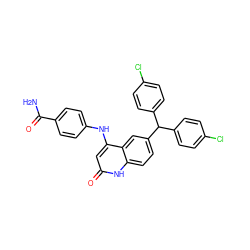 NC(=O)c1ccc(Nc2cc(=O)[nH]c3ccc(C(c4ccc(Cl)cc4)c4ccc(Cl)cc4)cc23)cc1 ZINC001772653100