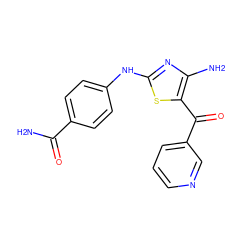 NC(=O)c1ccc(Nc2nc(N)c(C(=O)c3cccnc3)s2)cc1 ZINC000095920775