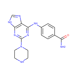 NC(=O)c1ccc(Nc2nc(N3CCNCC3)nc3[nH]cnc23)cc1 ZINC000053313533