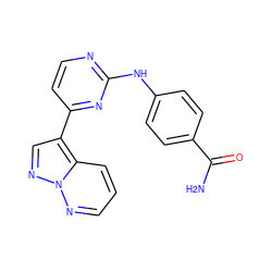 NC(=O)c1ccc(Nc2nccc(-c3cnn4ncccc34)n2)cc1 ZINC000040430272