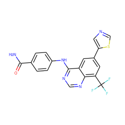 NC(=O)c1ccc(Nc2ncnc3c(C(F)(F)F)cc(-c4cncs4)cc23)cc1 ZINC000299850976