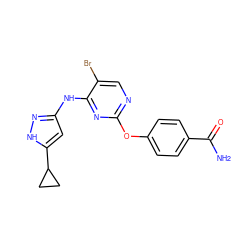 NC(=O)c1ccc(Oc2ncc(Br)c(Nc3cc(C4CC4)[nH]n3)n2)cc1 ZINC000203004670