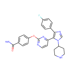 NC(=O)c1ccc(Oc2nccc(-c3c(-c4ccc(F)cc4)ncn3C3CCNCC3)n2)cc1 ZINC000034013707