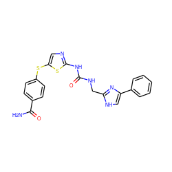 NC(=O)c1ccc(Sc2cnc(NC(=O)NCc3nc(-c4ccccc4)c[nH]3)s2)cc1 ZINC000028864099