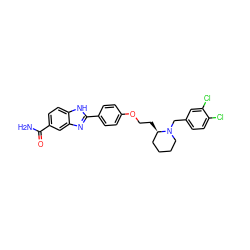 NC(=O)c1ccc2[nH]c(-c3ccc(OCC[C@@H]4CCCCN4Cc4ccc(Cl)c(Cl)c4)cc3)nc2c1 ZINC000028960885