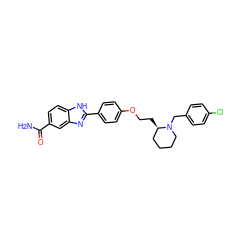 NC(=O)c1ccc2[nH]c(-c3ccc(OCC[C@@H]4CCCCN4Cc4ccc(Cl)cc4)cc3)nc2c1 ZINC000028960872