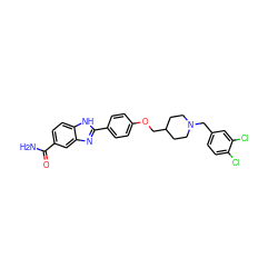 NC(=O)c1ccc2[nH]c(-c3ccc(OCC4CCN(Cc5ccc(Cl)c(Cl)c5)CC4)cc3)nc2c1 ZINC000028960716