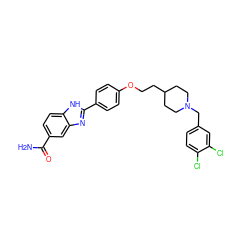 NC(=O)c1ccc2[nH]c(-c3ccc(OCCC4CCN(Cc5ccc(Cl)c(Cl)c5)CC4)cc3)nc2c1 ZINC000028960923