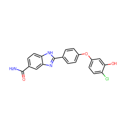 NC(=O)c1ccc2[nH]c(-c3ccc(Oc4ccc(Cl)c(O)c4)cc3)nc2c1 ZINC000013612098