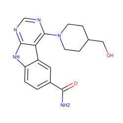 NC(=O)c1ccc2[nH]c3ncnc(N4CCC(CO)CC4)c3c2c1 ZINC000038441516