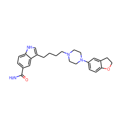 NC(=O)c1ccc2[nH]cc(CCCCN3CCN(c4ccc5c(c4)CCO5)CC3)c2c1 ZINC000013582438