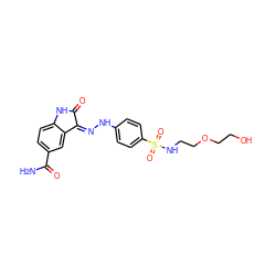 NC(=O)c1ccc2c(c1)/C(=N/Nc1ccc(S(=O)(=O)NCCOCCO)cc1)C(=O)N2 ZINC000064531790