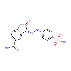 NC(=O)c1ccc2c(c1)/C(=N/Nc1ccc(S(N)(=O)=O)cc1)C(=O)N2 ZINC000013470459