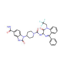 NC(=O)c1ccc2c(c1)[nH]c(=O)n2C1CCN(C(=O)N[C@@H]2N=C(c3ccccc3)c3ccccc3N(CC(F)(F)F)C2=O)CC1 ZINC000036177842